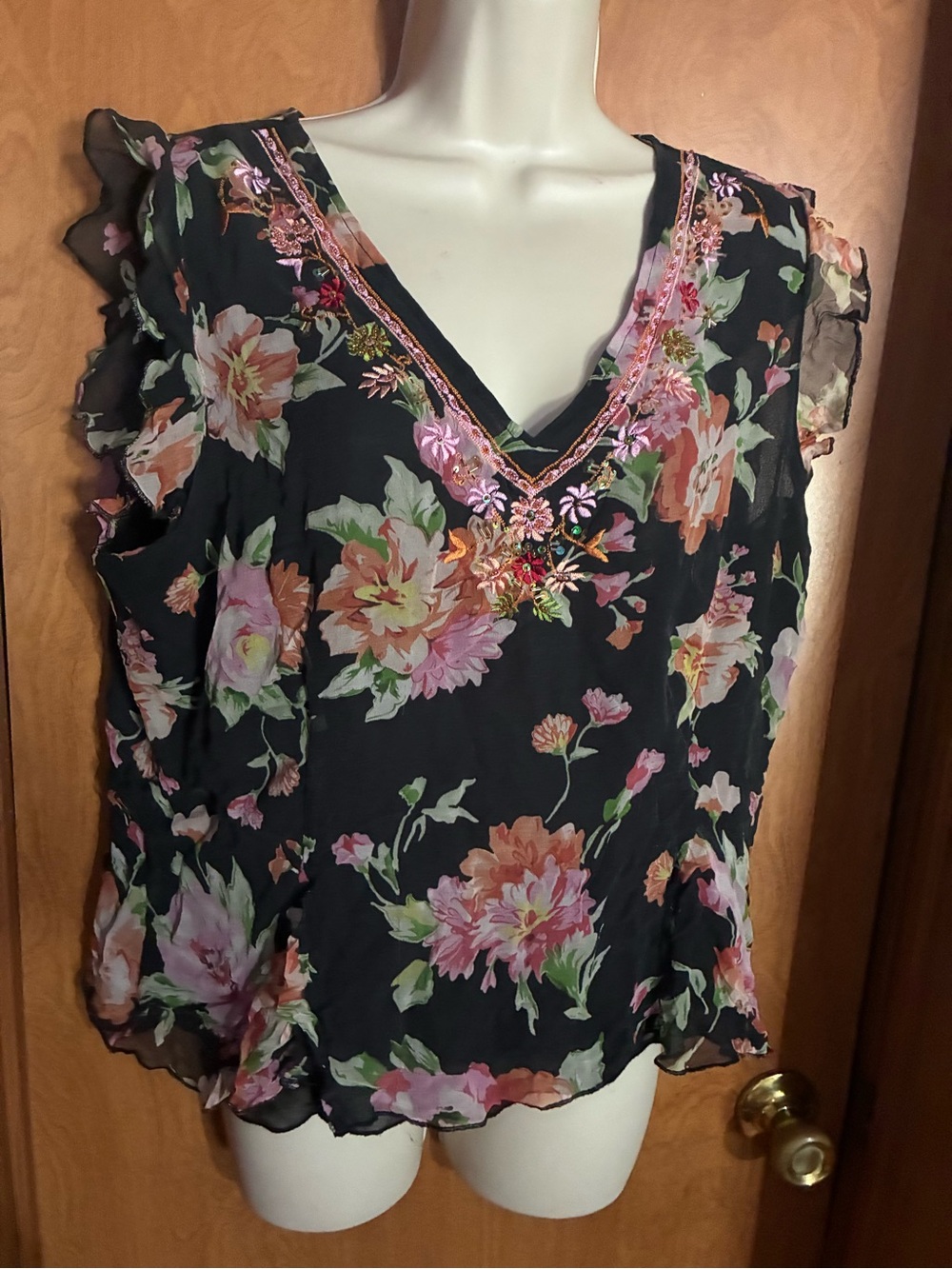 Hannah Black Floral V-Neck Ruffle Sleeve Blouse